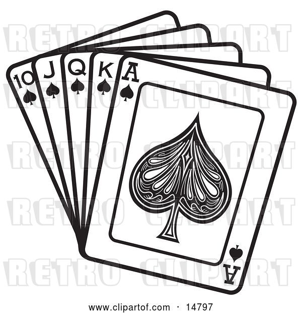 Vector Clip Art of Retro Hand of Cards Showing a 10, Jack, Queen, King and Ace of Spades