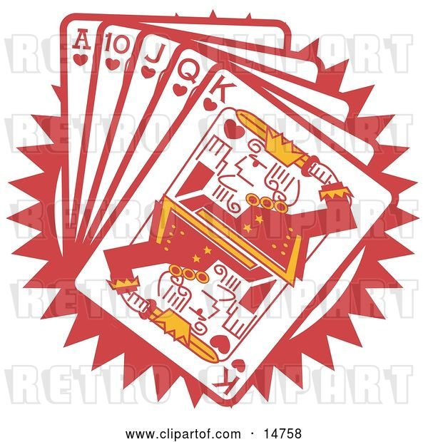 Vector Clip Art of Retro Hand of Red Playing Cards Including the Ace of Hearts, 10 of Hearts, Jack of Hearts, Queen of Hearts and King of Hearts