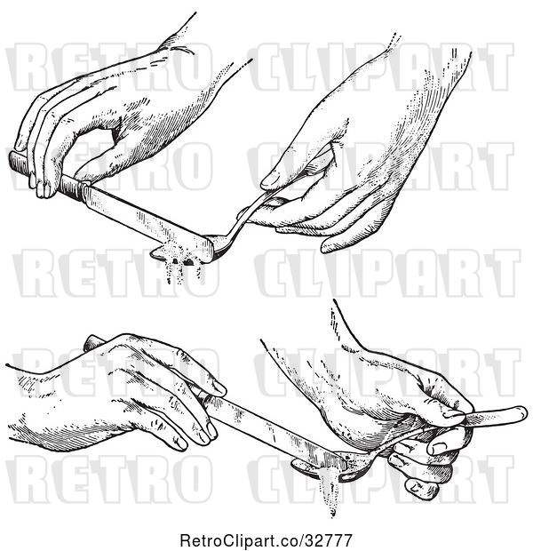 Vector Clip Art of Retro Hands Measuring and Leving off Ingredients in Spoons with Knives in