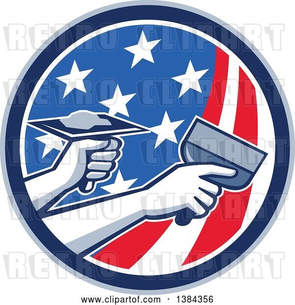 Vector Clip Art of Retro Hands of a Plasterer Repairing Drywall with Putty Knife and Hawk in an American Themed Circle