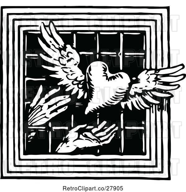 Vector Clip Art of Retro Hands Releasing a Winged Heart Through a Barred Window