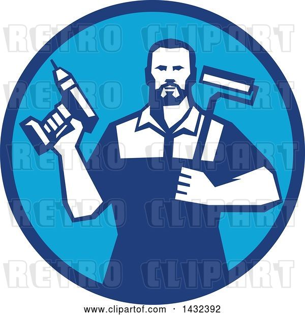 Vector Clip Art of Retro Handy Guy Holding a Paint Roller and a Cordless Drill in a Blue Circle