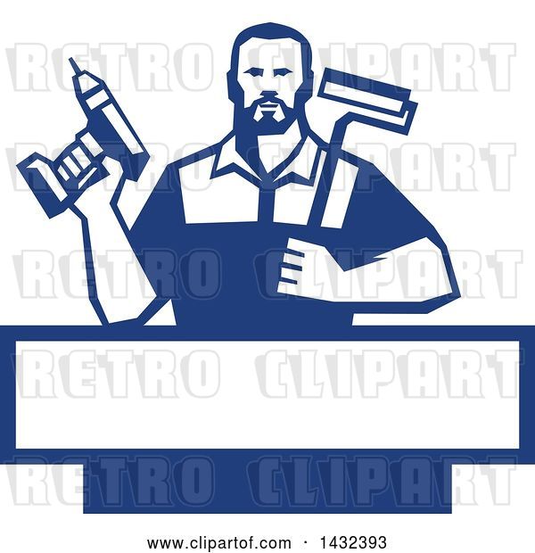 Vector Clip Art of Retro Handy Guy Holding a Paint Roller and a Cordless Drill over a Blue and White Frame