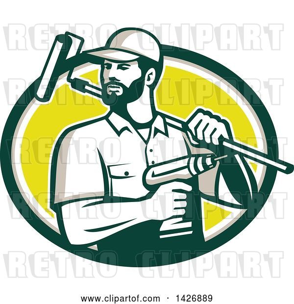 Vector Clip Art of Retro Handyman Holding a Paint Roller over His Shoulder and a Cordless Drill in Hand, Emerging from a Green Taupe White and Yellow Oval