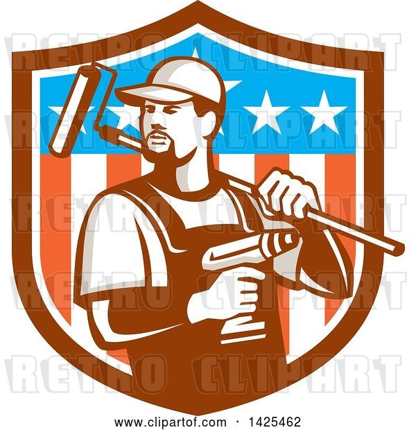 Vector Clip Art of Retro Handyman Holding a Paint Roller over His Shoulder and a Cordless Drill in Hand, Emerging from an American Themed Shield