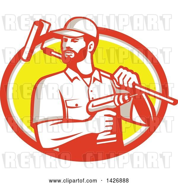 Vector Clip Art of Retro Handyman Holding a Paint Roller over His Shoulder and a Cordless Drill in Hand, Emerging from an Orange Gray White and Yellow Oval