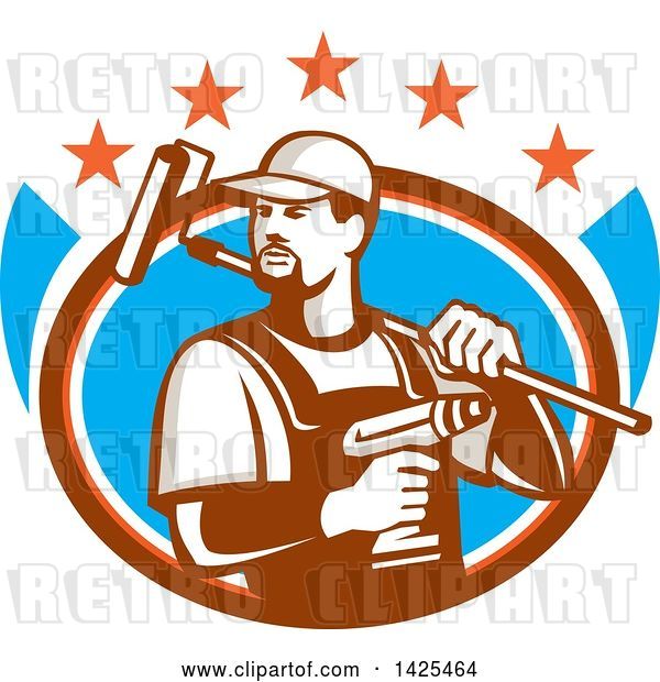 Vector Clip Art of Retro Handyman Holding a Paint Roller over His Shoulder and a Cordless Drill in Hand, Emerging from an Oval with Stars