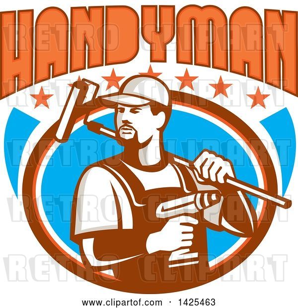 Vector Clip Art of Retro Handyman Holding a Paint Roller over His Shoulder and a Cordless Drill in Hand, Emerging from an Oval with Stars Under Text