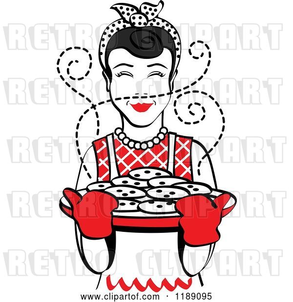 Vector Clip Art of Retro Happy Black Haired Housewife Holding Freshly Baked Cookies 2