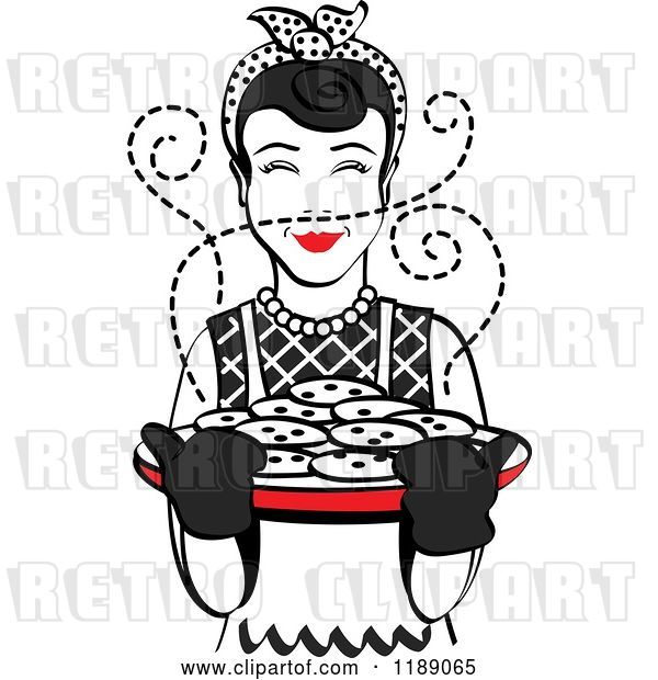 Vector Clip Art of Retro Happy Black Haired Housewife Holding Freshly Baked Cookies