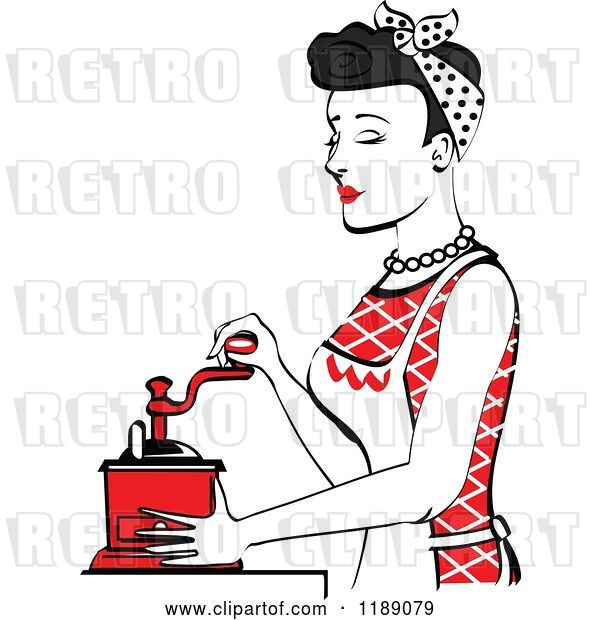 Vector Clip Art of Retro Happy Black Haired Housewife Using a Manual Coffee Grinder in Profile 2