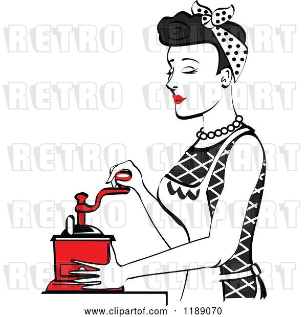 Vector Clip Art of Retro Happy Black Haired Housewife Using a Manual Coffee Grinder in Profile