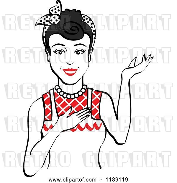 Vector Clip Art of Retro Happy Black Haired Housewife, Waitress or Maid Lady Wearing an Apron and Presenting 2