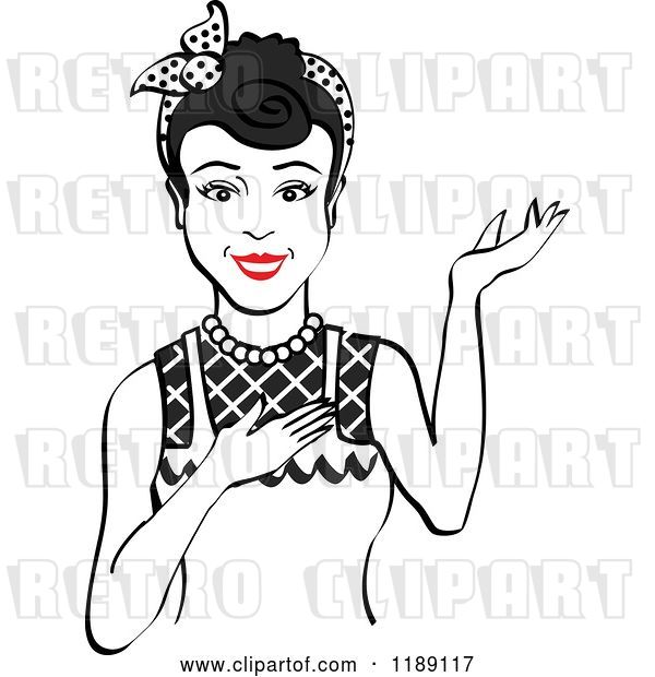 Vector Clip Art of Retro Happy Black Haired Housewife, Waitress or Maid Lady Wearing an Apron and Presenting