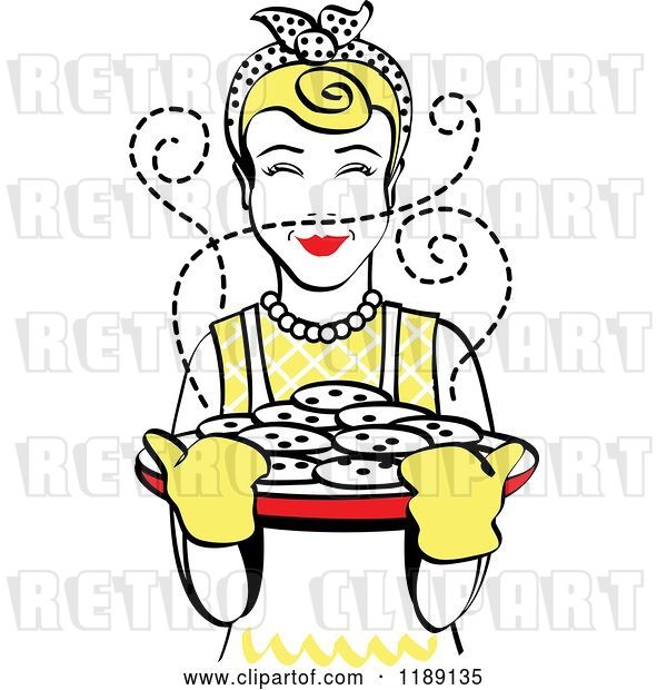Vector Clip Art of Retro Happy Blond Housewife Holding Freshly Baked Cookies 2