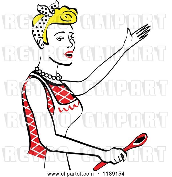 Vector Clip Art of Retro Happy Blond Housewife Singing and Holding a Spoon in the Kitchen