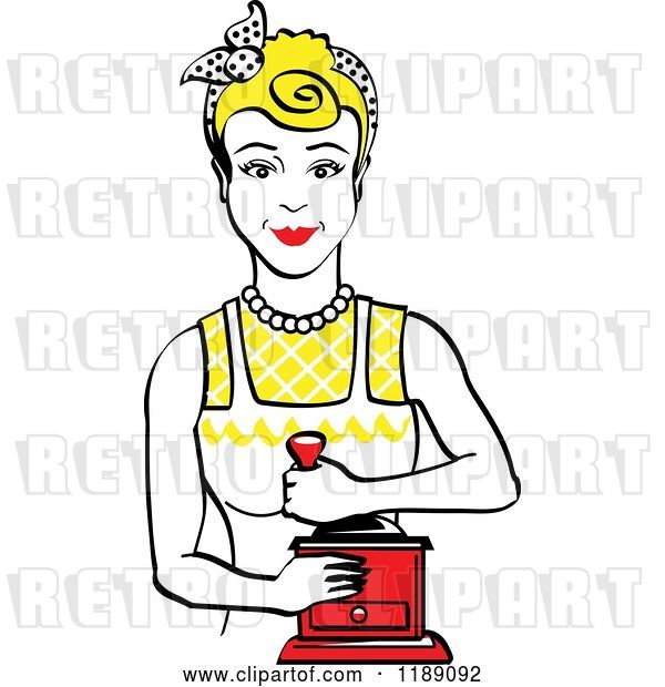 Vector Clip Art of Retro Happy Blond Housewife Using a Manual Coffee Grinder 2