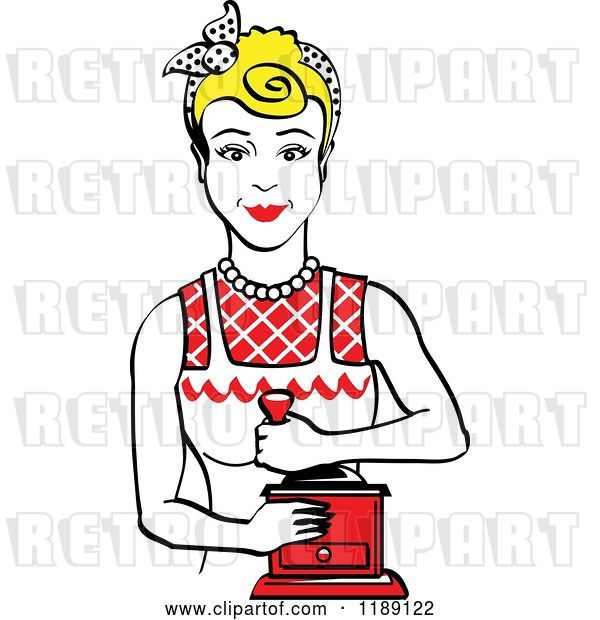 Vector Clip Art of Retro Happy Blond Housewife Using a Manual Coffee Grinder