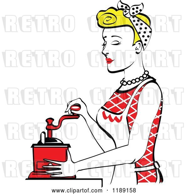 Vector Clip Art of Retro Happy Blond Housewife Using a Manual Coffee Grinder in Profile 2