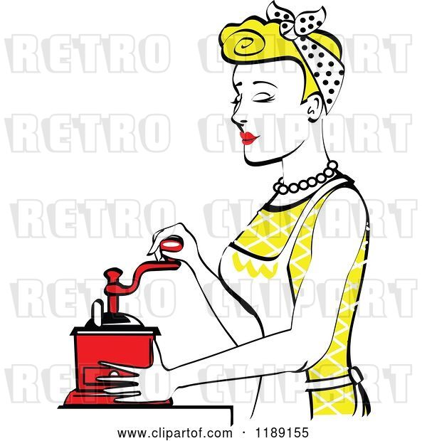 Vector Clip Art of Retro Happy Blond Housewife Using a Manual Coffee Grinder in Profile