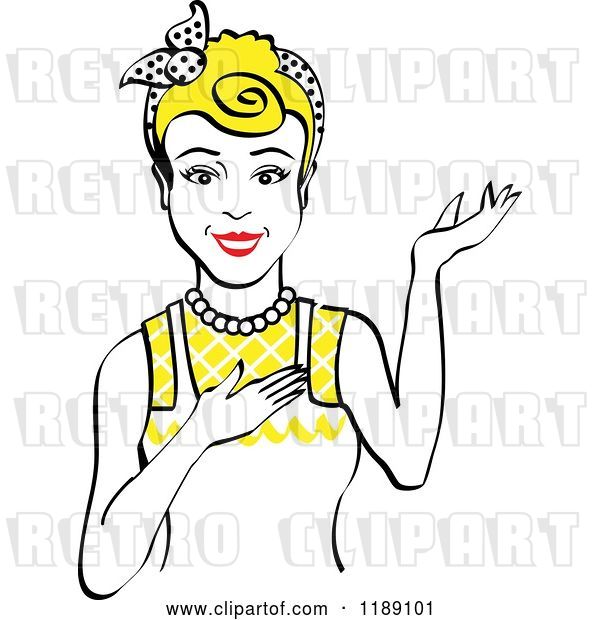Vector Clip Art of Retro Happy Blond Housewife, Waitress or Maid Lady Wearing an Apron and Presenting 2