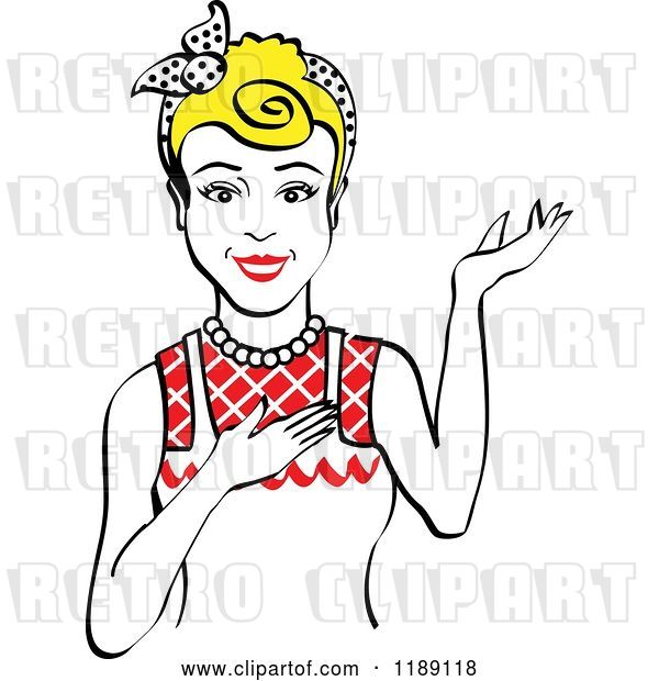 Vector Clip Art of Retro Happy Blond Housewife, Waitress or Maid Lady Wearing an Apron and Presenting