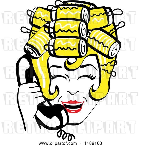 Vector Clip Art of Retro Happy Blond Housewife with Her Hair up in Curlers, Laughing While Talking on a Landline Telephone