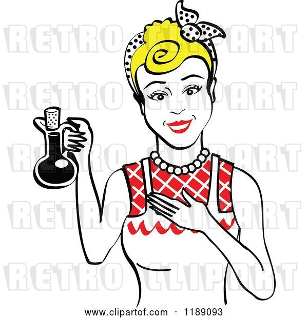 Vector Clip Art of Retro Happy Blond Lady in an Apron, Holding up a Bottle of Cooking Oil 2