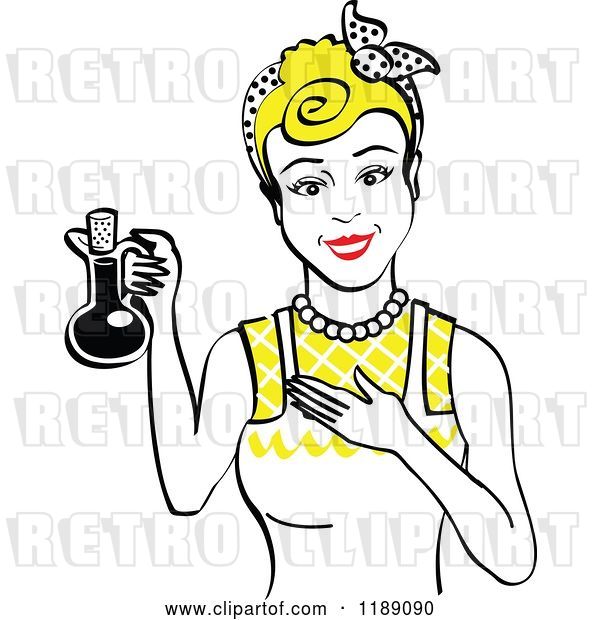 Vector Clip Art of Retro Happy Blond Lady in an Apron, Holding up a Bottle of Cooking Oil