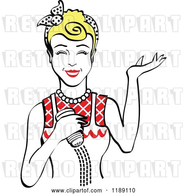 Vector Clip Art of Retro Happy Blond Lady Shrugging and Using a Salt Shaker 2