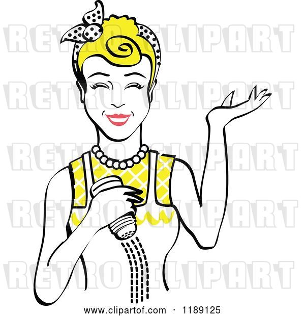 Vector Clip Art of Retro Happy Blond Lady Shrugging and Using a Salt Shaker 5