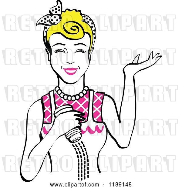 Vector Clip Art of Retro Happy Blond Lady Shrugging and Using a Salt Shaker