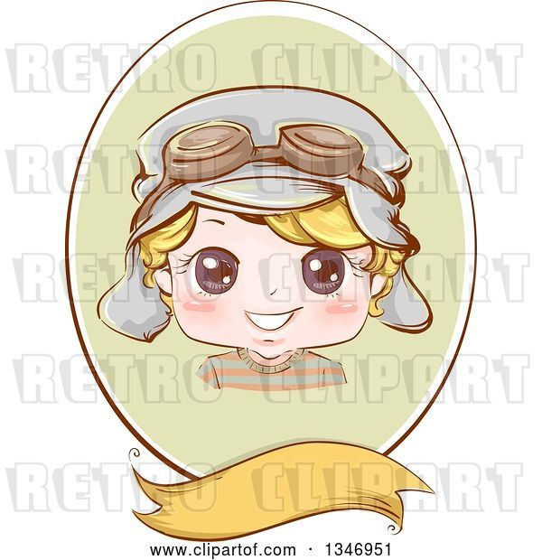 Vector Clip Art of Retro Happy Blond White Boy Wearing Aviator Goggles and a Hat in a Green Oval over a Blank Banner