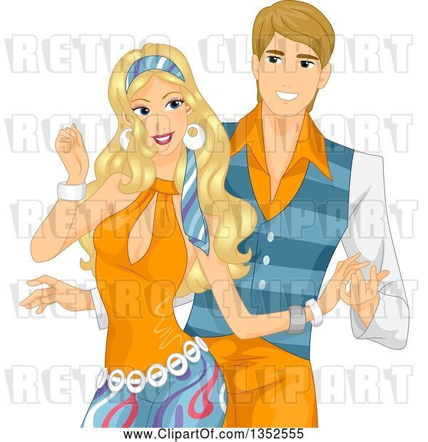 Vector Clip Art of Retro Happy Blond White Couple Wearing Seventies Style Costumes and Dancing