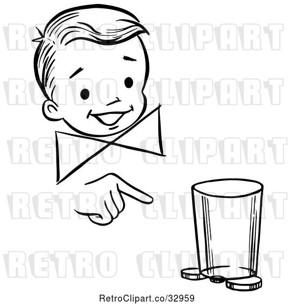 Vector Clip Art of Retro Happy Boy Performing a Moving Coin and Cup Magic Trick