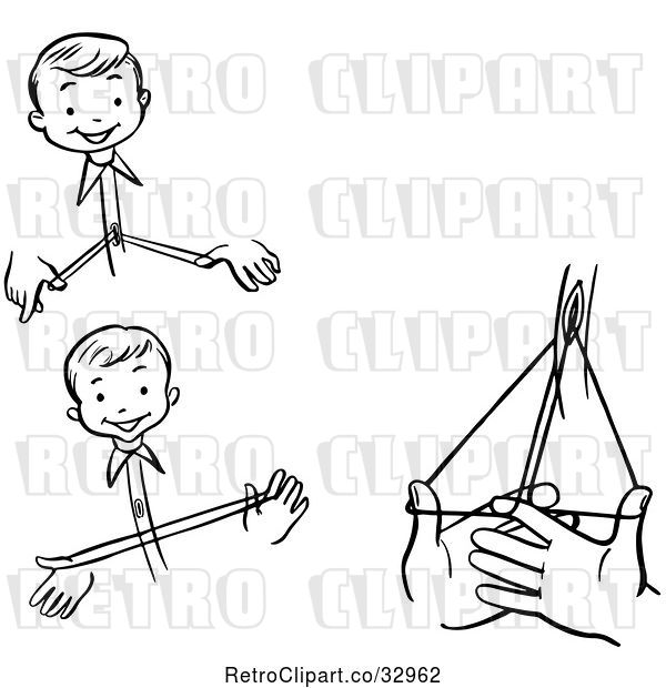 Vector Clip Art of Retro Happy Boy Performing Steps of a Buttonhole Roll Magic Trick