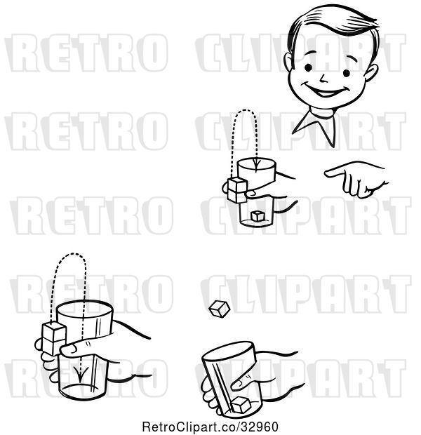 Vector Clip Art of Retro Happy Boy Performing Steps of a Jumping Cubes Magic Trick