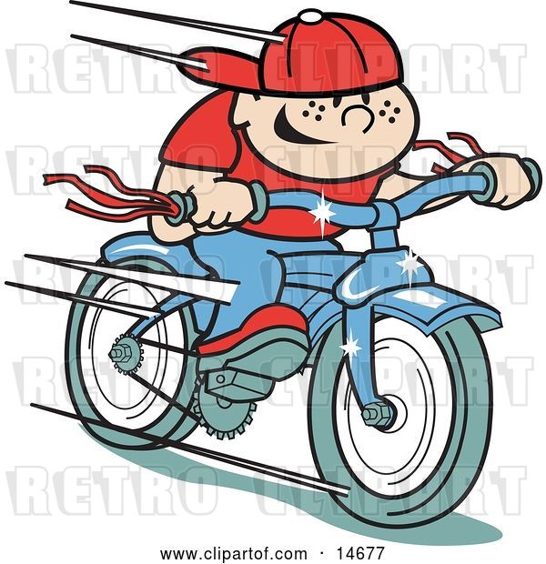 Vector Clip Art of Retro Happy Boy Riding a Brand New Blue Bike Clipart Illustration