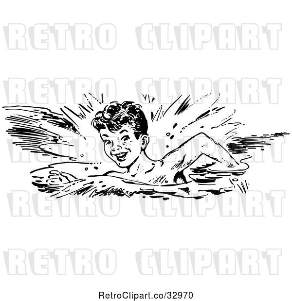 Vector Clip Art of Retro Happy Boy Swimming in a Stroke Style