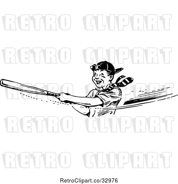 Vector Clip Art of Retro Happy Boy Swinging a Baseball Bat