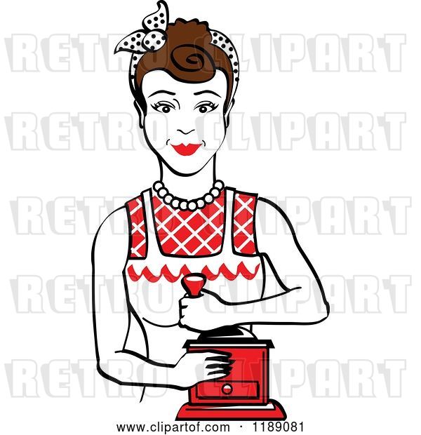 Vector Clip Art of Retro Happy Brunette Housewife Using a Manual Coffee Grinder 2