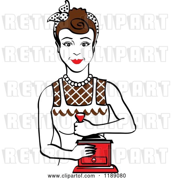 Vector Clip Art of Retro Happy Brunette Housewife Using a Manual Coffee Grinder