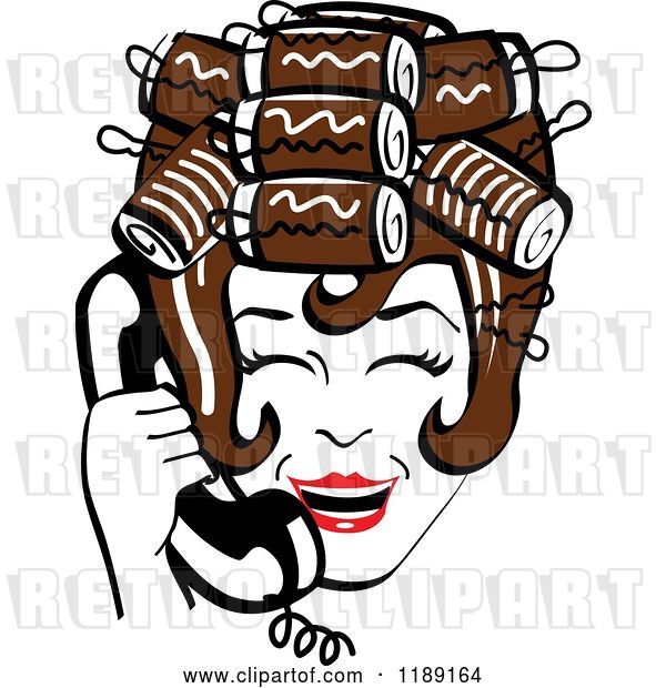 Vector Clip Art of Retro Happy Brunette Housewife with Her Hair up in Curlers, Laughing While Talking on a Landline Telephone