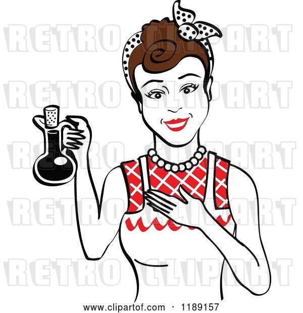 Vector Clip Art of Retro Happy Brunette Lady in an Apron, Holding up a Bottle of Cooking Oil 2