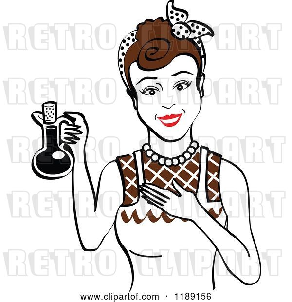 Vector Clip Art of Retro Happy Brunette Lady in an Apron, Holding up a Bottle of Cooking Oil