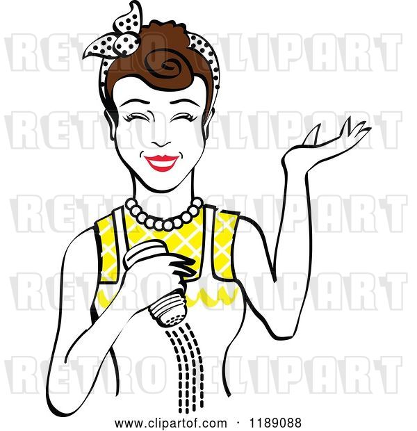 Vector Clip Art of Retro Happy Brunette Lady Shrugging and Using a Salt Shaker 2