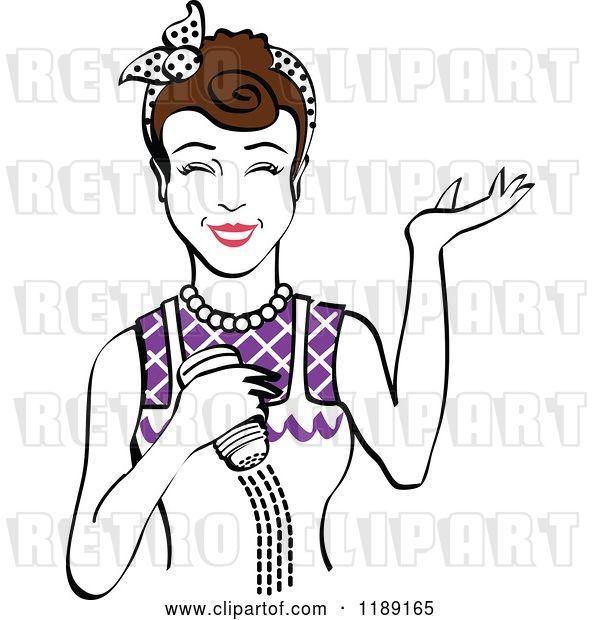 Vector Clip Art of Retro Happy Brunette Lady Shrugging and Using a Salt Shaker 3