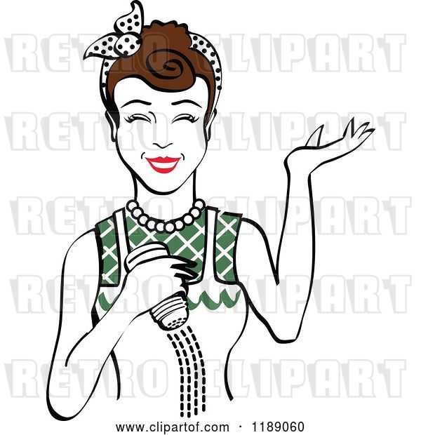 Vector Clip Art of Retro Happy Brunette Lady Shrugging and Using a Salt Shaker 5