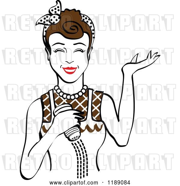 Vector Clip Art of Retro Happy Brunette Lady Shrugging and Using a Salt Shaker