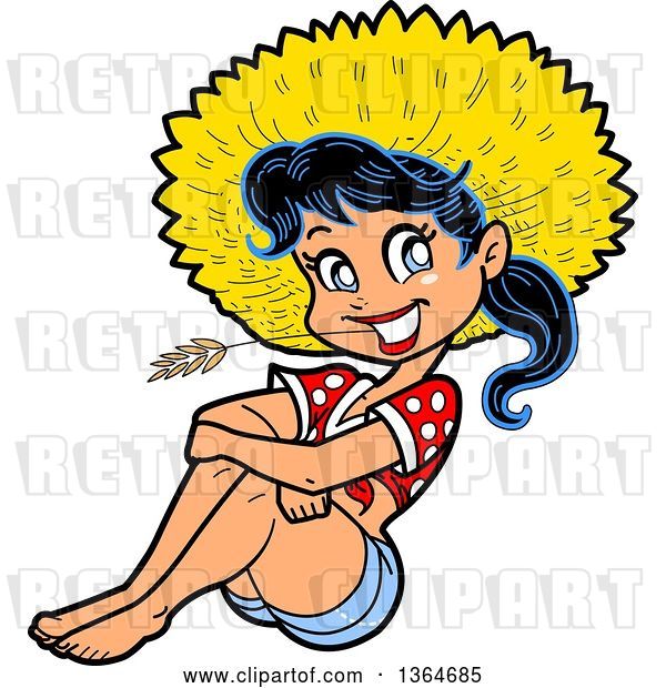Vector Clip Art of Retro Happy Cartoon Black Haired Hillbilly Lady Sitting and Chewing on Straw